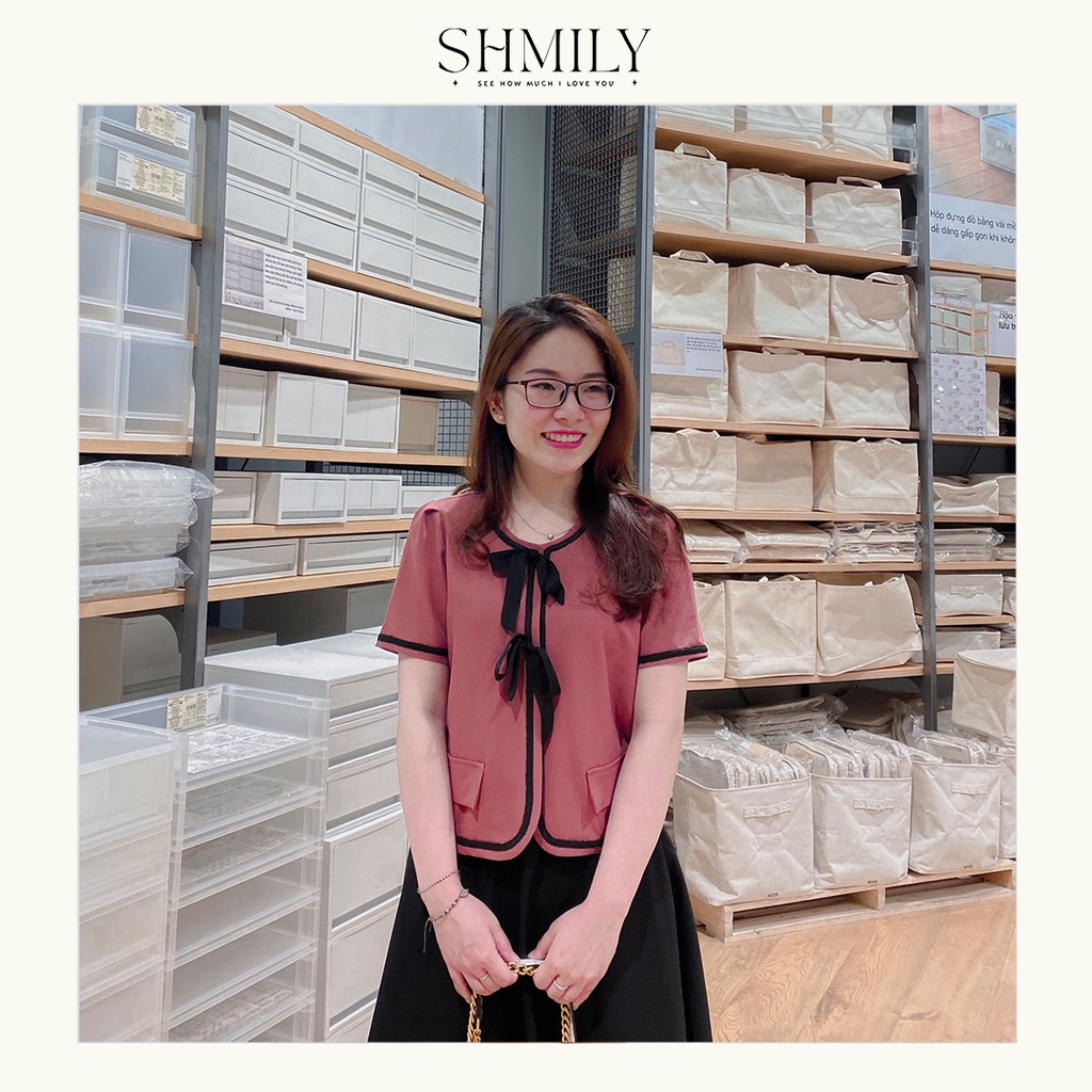 Set Áo Hồng Viền Ren Và Chân Váy Đen Xòe Dài Tiểu Thư SHMILY