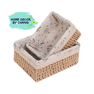 Giỏ cói vintage có vải lót hình chữ nhật, giỏ đi picnic, trang trí nhà cửa (Giỏ mây mềm lót vải)