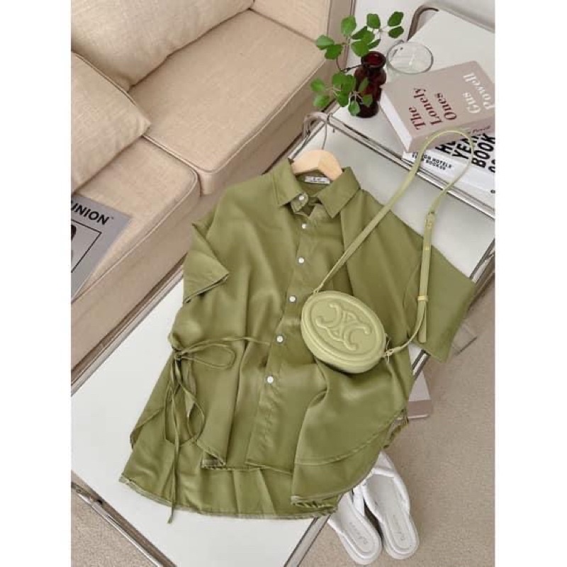 Áo sơ mi ngắn tay cổ đức rút dây eo cách điệu LU.EU