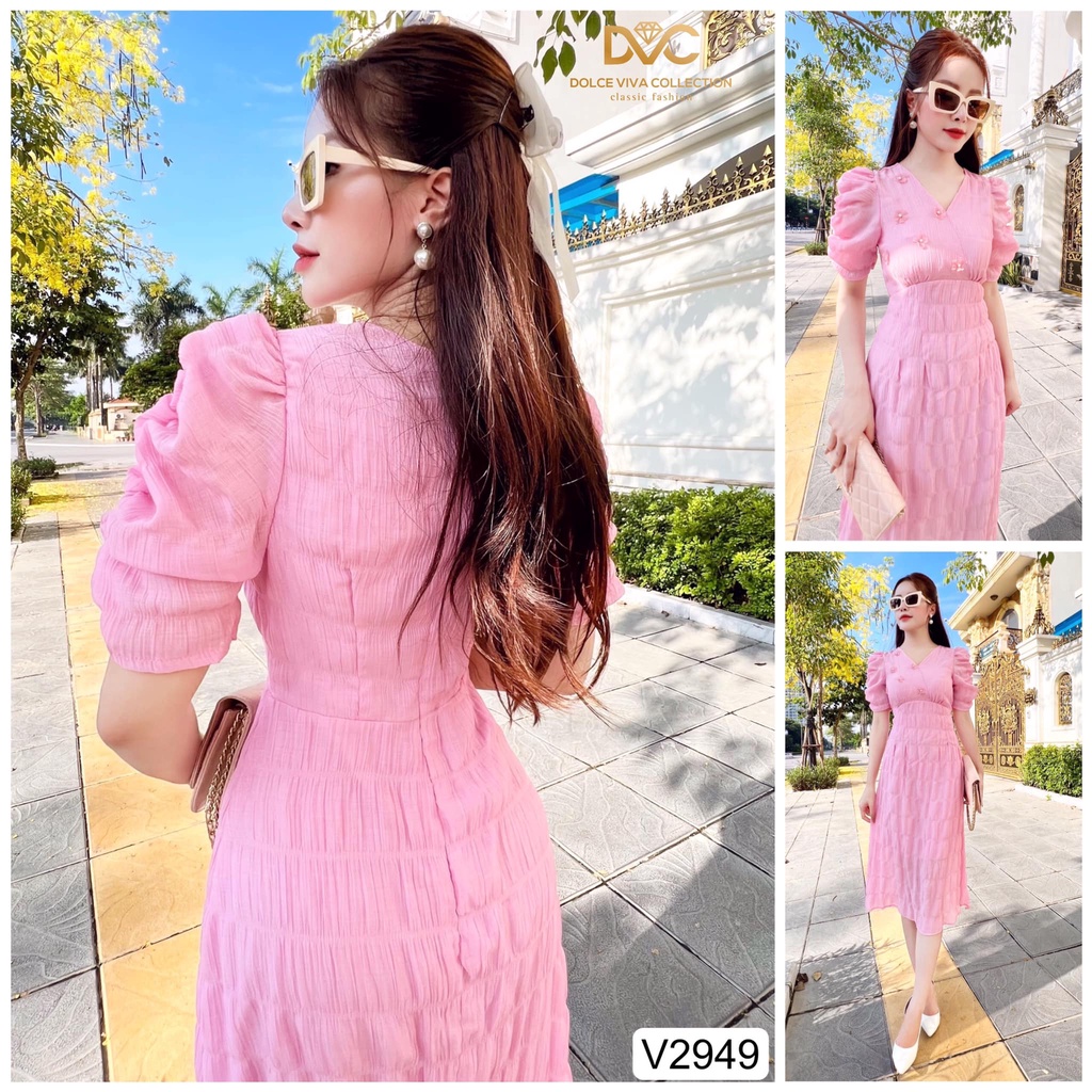 VÁY XỐP HỒNG CỔ V TAY NHÚN V2949 -DOLCE VIVA COLLECTION