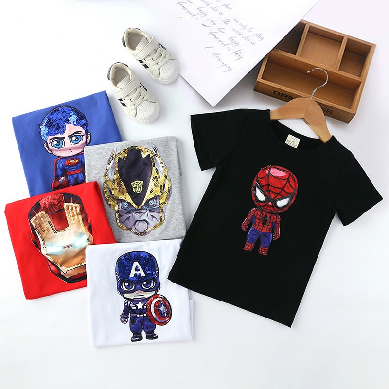 Áo Thun Cotton Tay Ngắn Có Đèn LED Phát Sáng In Hình Spiderman Iron Man Dành Cho Trẻ Em