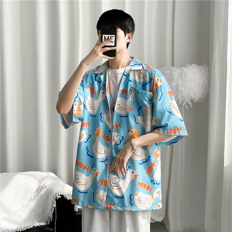 Áo Sơ Mi Mỏng Dáng Rộng Tay Cộc Cổ Gập Chống Nhăn In Hình Vịt Hoạt Hình Thời Trang Mùa Hè Hàn Quốc 2022 Dành Cho Bạn Nam