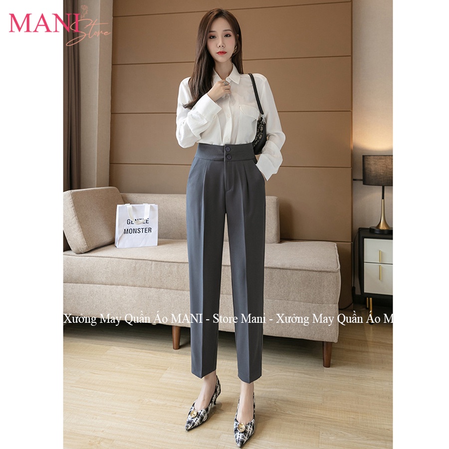 Quần baggy cạp cao bản to phối 2 cúc lưng thun chun co dãn màu Đen Xám Nâu vải tuyết mưa mặc đi làm công sở học sinh
