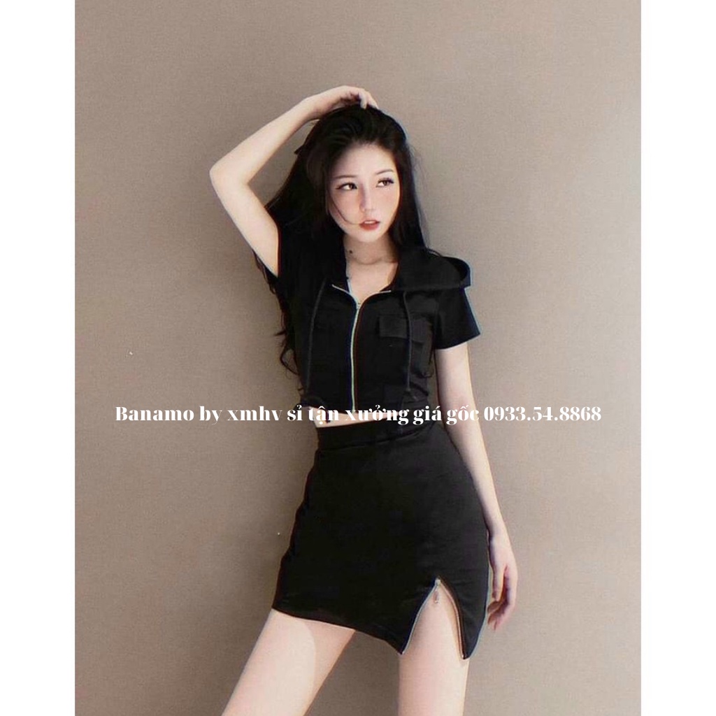 Set váy nữ xẻ đùi và áo thời trang Banamo fashion bộ váy nữ xẻ đùi 1910