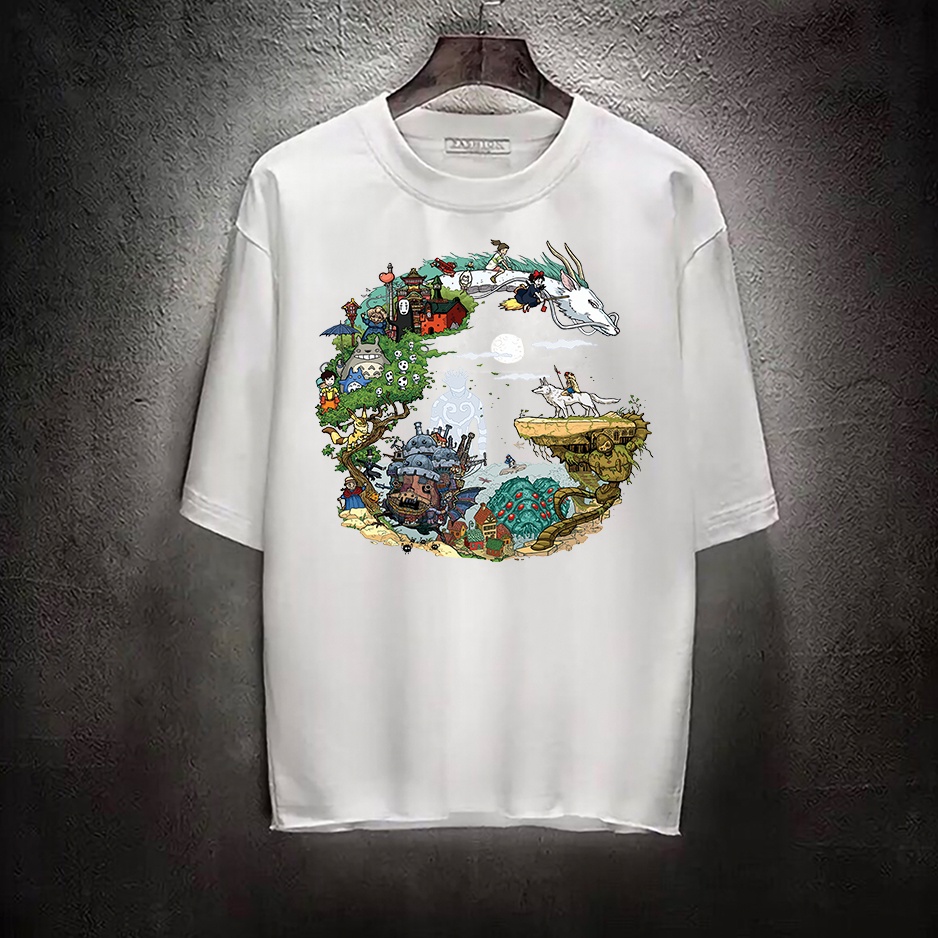 Áo thun nam nữ tay lỡ vải cotton form rộng màu trắng Hạ Băng Designs - Ghibli 001