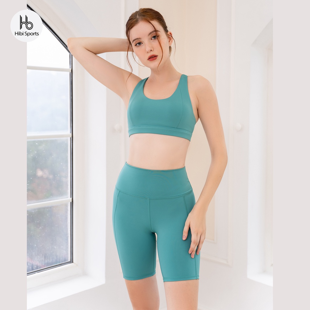Set đồ tập yoga gym Luxury Hibi Sports H143, quần đùi lưng cao, size mới, màu Xanh kèm mút ngực, vải cao cấp Lu Fabric