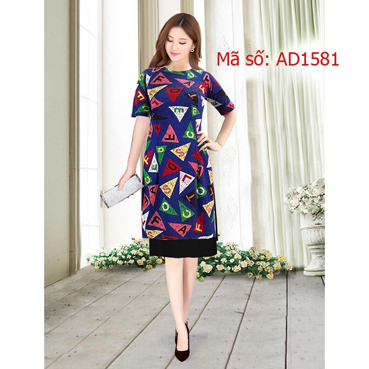 ⚡️ có big size 3XL ⚡️ AD1581 Set áo dài cách tân gấm thun quý bà họa tiết tam giác chữ kèm váy