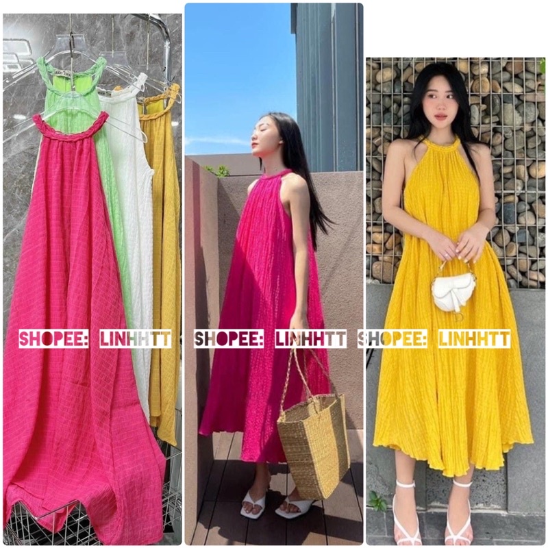 ĐẦM MAXI CỔ YẾM ĐAN CHẤT ĐŨI XỐP 2 lớp freesize váy cổ yếm bầu bí bon chen
