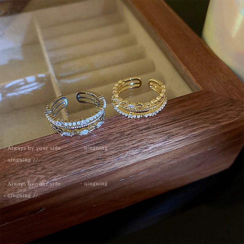 DREJEW Nhẫn nhiều lớp ngọc trai zircon khạm ngọc trai siêu nhỏ đơn giản phong cách Hàn Quốc thời trang