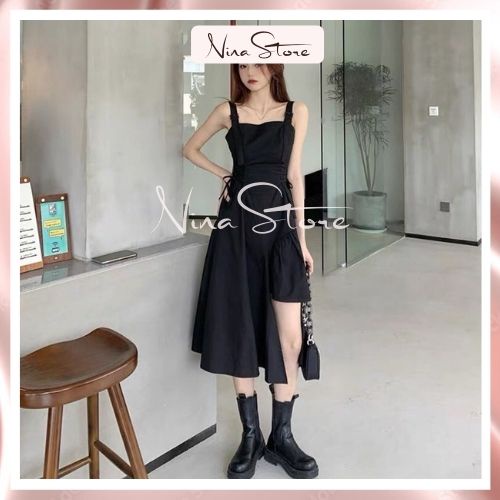 Váy đen 2 dây vạt to ô zuê lệch tà đầm nữ cá tính sexy đi chơi đi tiệc hotrend chân váy dài chất đũi mềm Xưởng May DCS