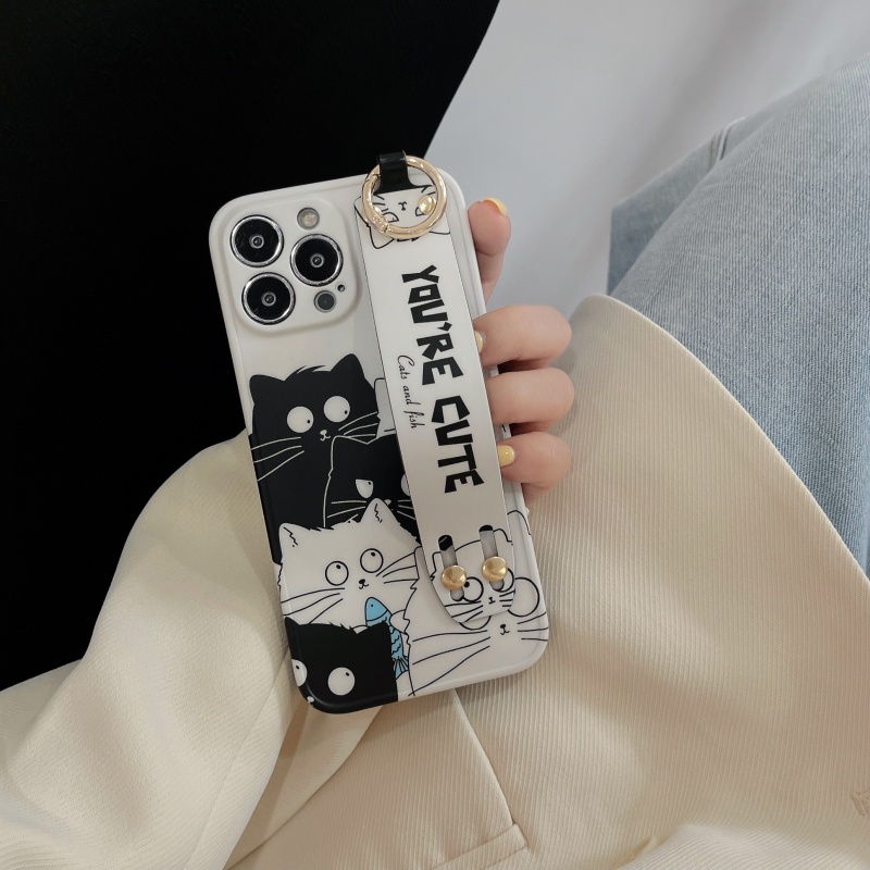 Ốp Điện Thoại Dẻo Màu Trắng Đen Họa Tiết Chú Mèo Dễ Thương Kèm Dây Đeo Cho iPhone 14 13 12 11 Pro Max Plus