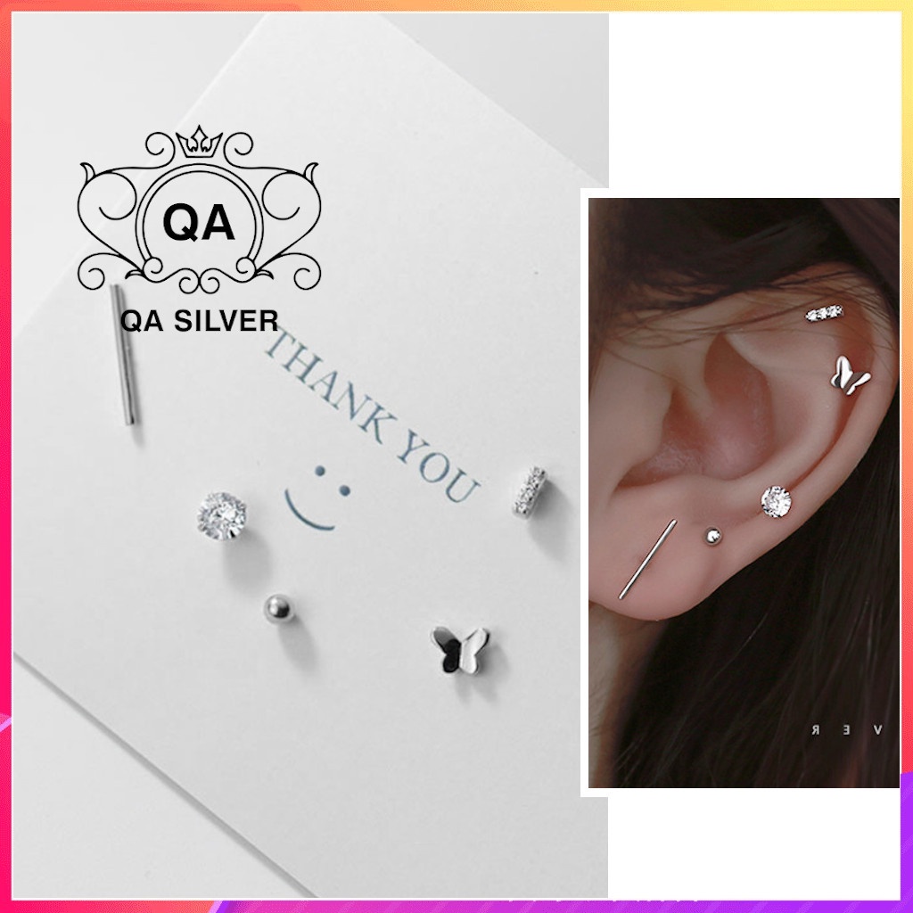 Set khuyên tai bạc hồ điệp 5 món tối giản bông tai đính đá S925 BUTTERFLY QA SILVER Earrings EA210302