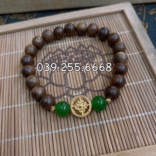 Vòng trầm hương kết hợp đá vs charm bạc ta bánh xe pháp luân cao cấp