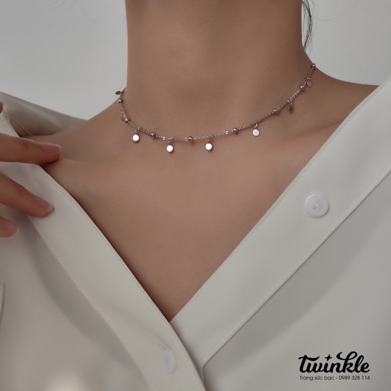 Dây chuyền bạc 925 cao cấp 100% chocker có chốt phụ tuỳ chỉnh charm tròn treo của nữ phong cách hàn quốc -Twinkle Silver