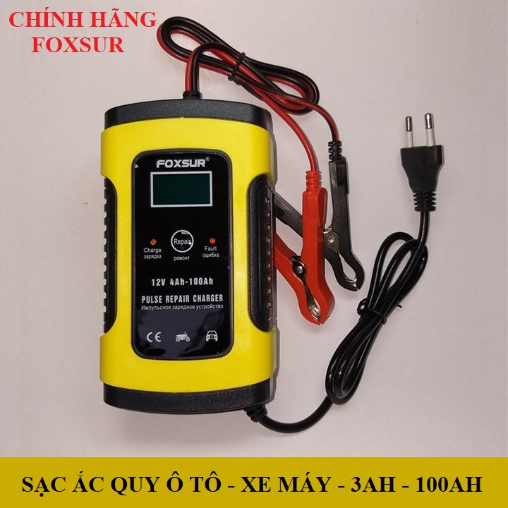 Sạc bình ắc quy ô tô xe máy 12V 4Ah - 100Ah FOXSUR tự ngắt khi đầy chức năng bảo dưỡng phục hồi ắc quy bằng khử sunfat