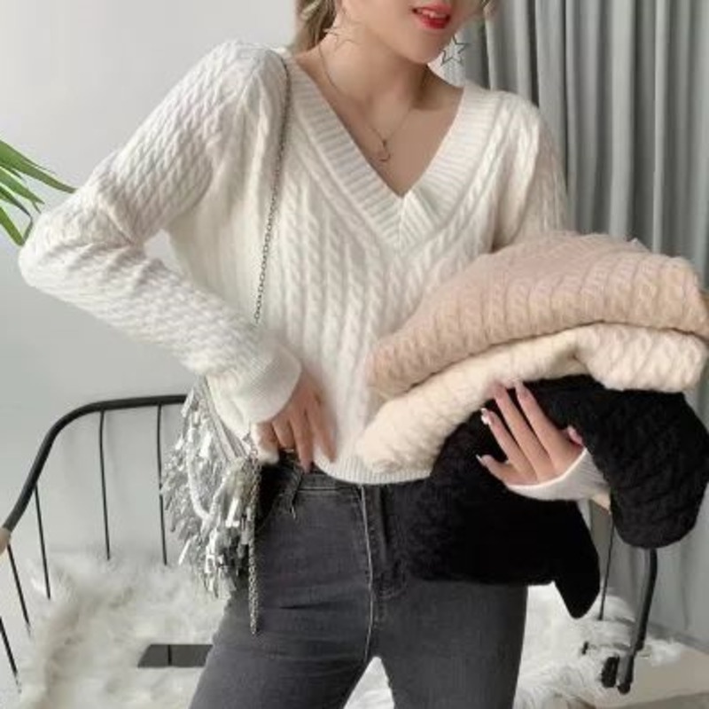 Áo Dệt Kim Nữ Tay Dài Cổ Chữ v Màu Trơn Thời Trang