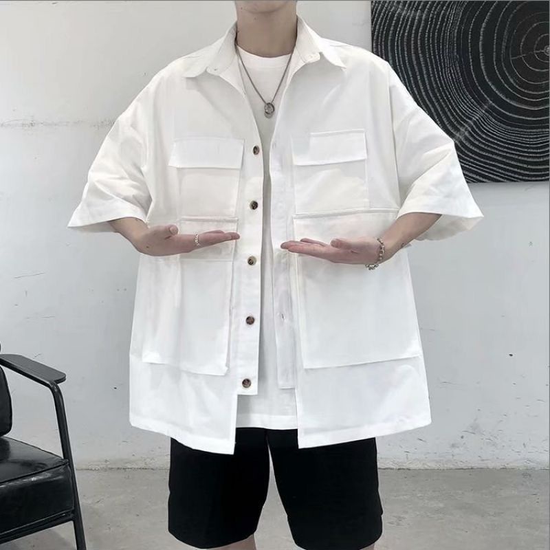 Áo Sơ Mi Nam Nữ Form Rộng Tay Ngắn Trắng Đen Kiểu Cách Thời Trang, Sơ Mi E'mer Tay Lỡ Hàn Quốc 111