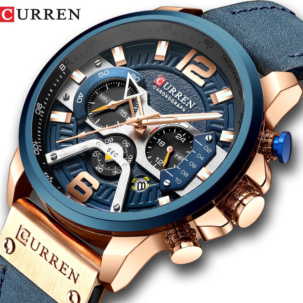 CURREN Top Brand Casual Sport Watches for Men Blue Luxury Military Genuine Leather Strap Wrist Watch Man Clock Fashion Chronograph Wristwatch