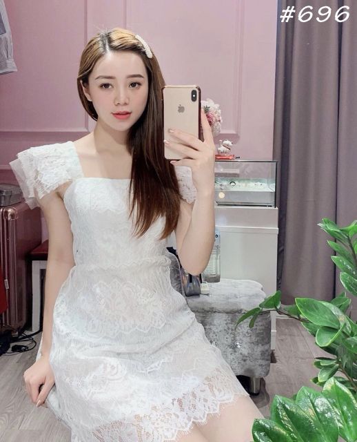 Đầm ren cổ vuông lá bèo (có ảnh thật)