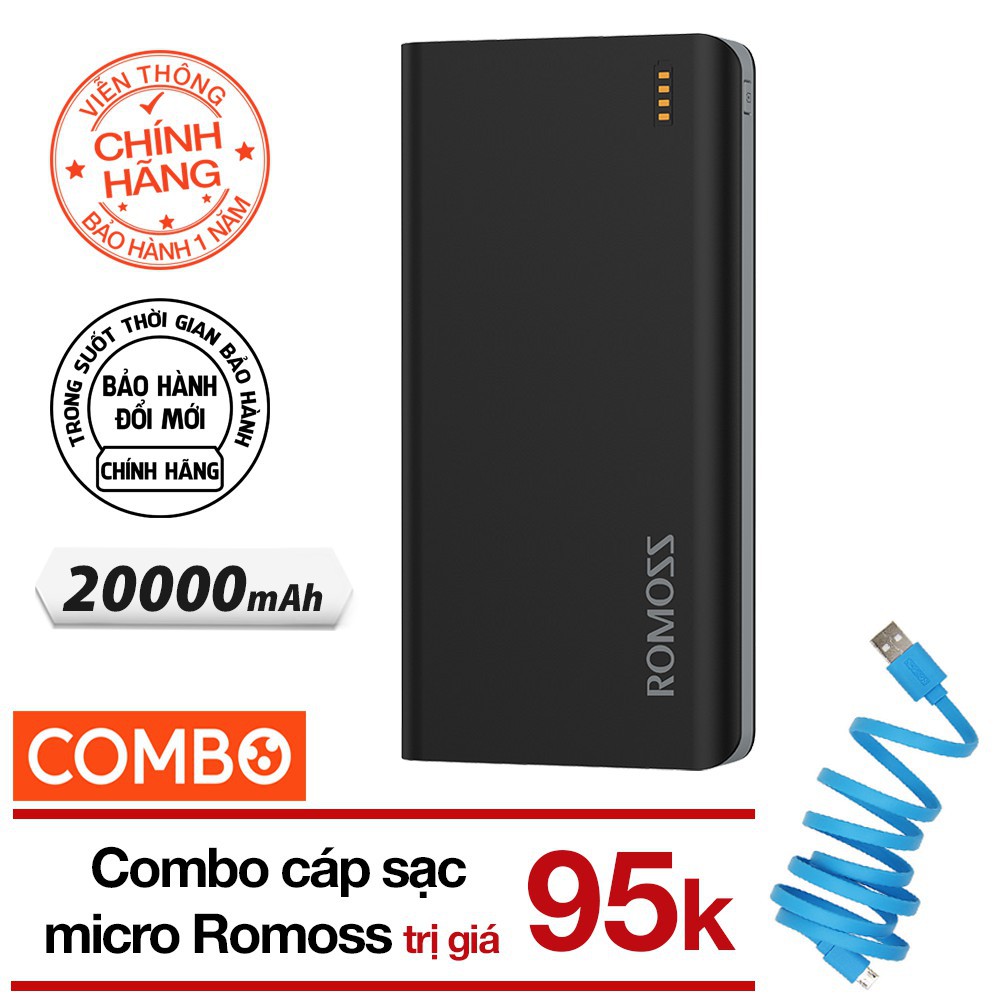 Combo Pin sạc dự phòng 20.000mah Romoss Solit 20 (Đen) + Cáp sạc micro USB CB05F dài 1 mét - Chính hãng