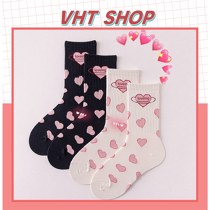Tất cổ cao, vớ cổ cao nữ trắng họa tiết trái tim xinh xắn vải co giãn thời trang Hàn Quốc TC121 - VHT SHOP