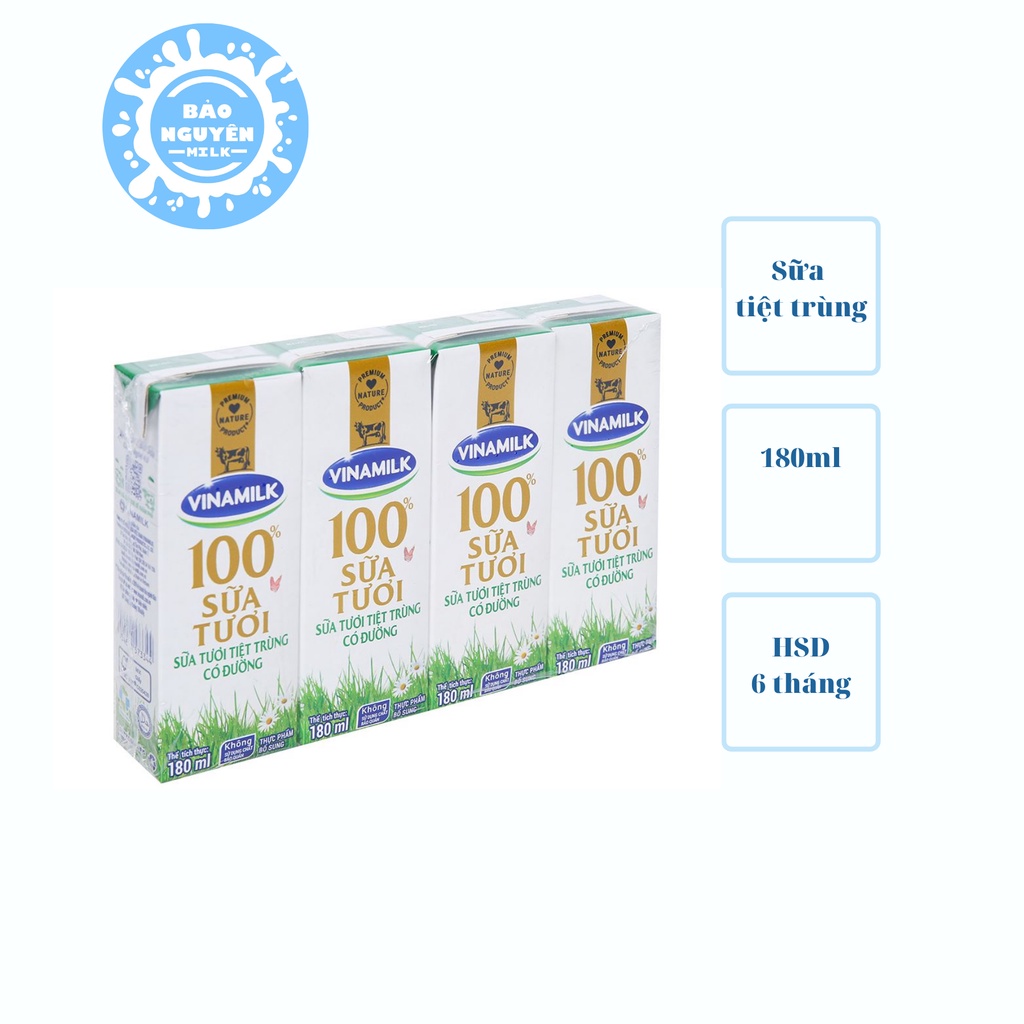 Lốc 4 hộp sữa tươi tiệt trùng Vinamilk 100% (đủ vị) 180ml