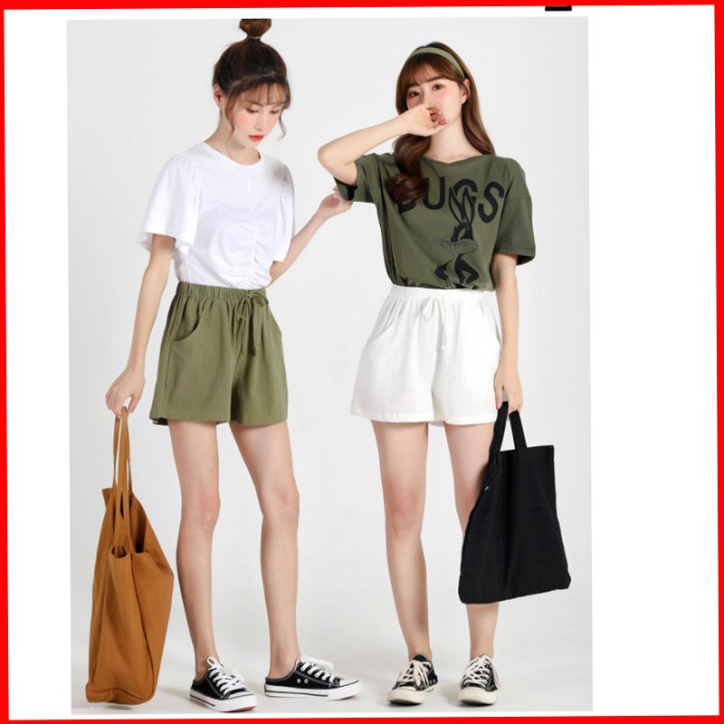 Quần Short nữ,Quần ngắn ống rộng> chất vải quần thun cotton