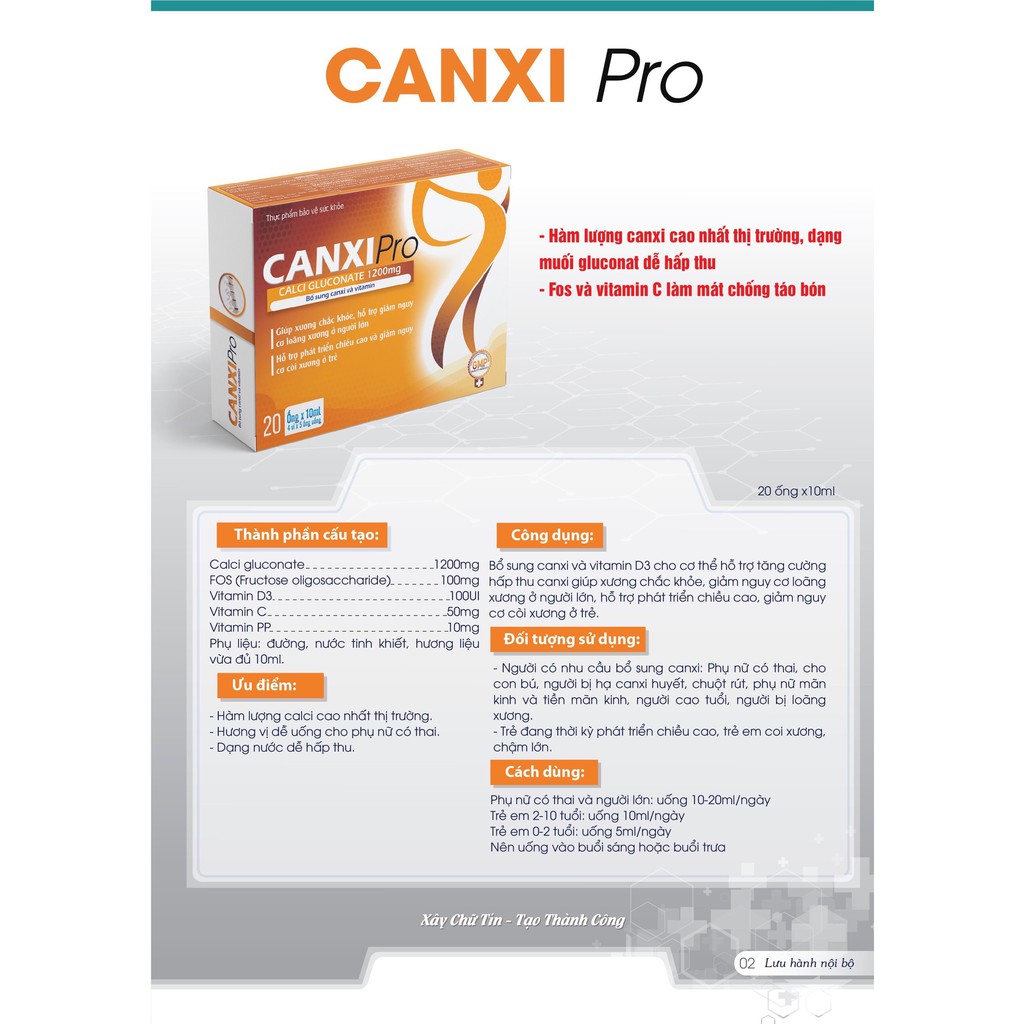 Dp-canxipro Calci Gluconate 1200mg hộp 20 ống Canxi pro bổ sung canxi và vitamin phát triển chiều cao
