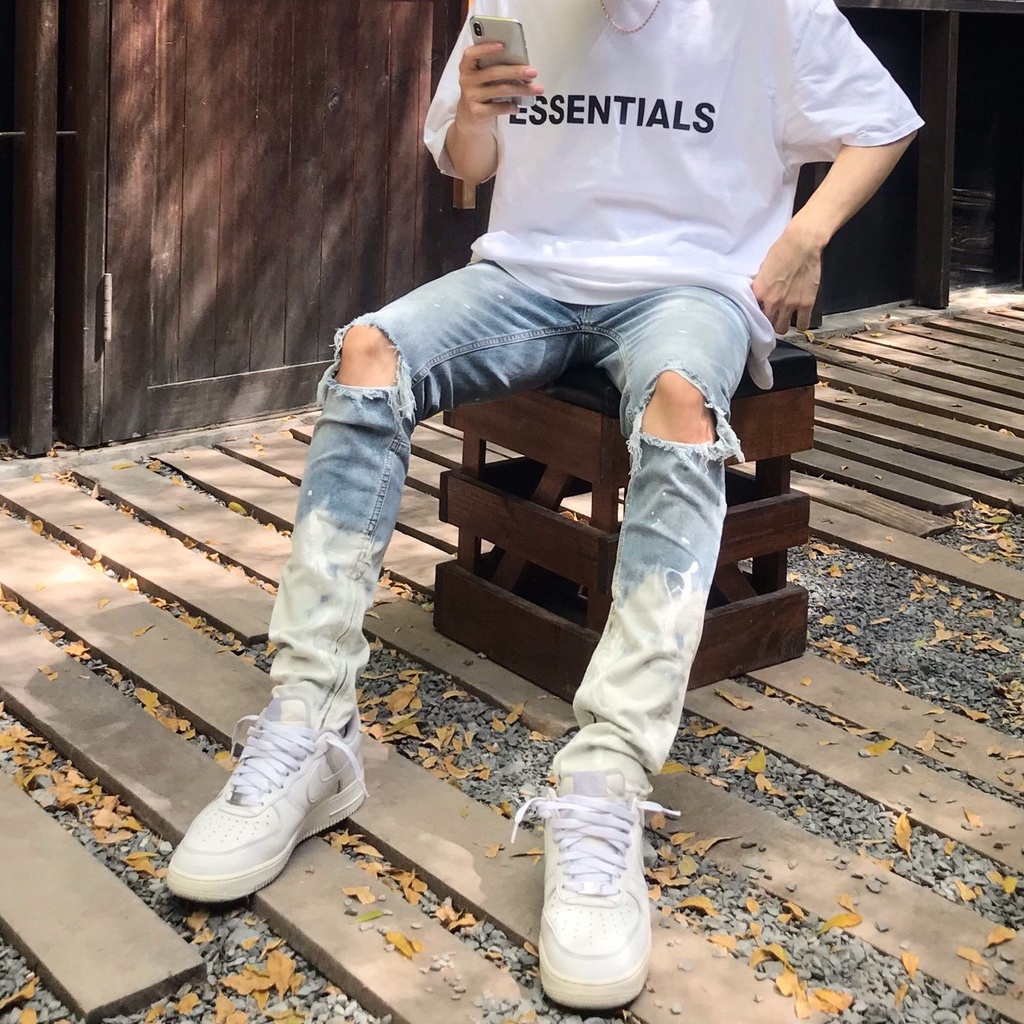 Quần jean nam cao cấp streetwear Q25 màu xanh sáng có zip vẫy sơn  form slimfit chất jean co giãn, thoải mái.