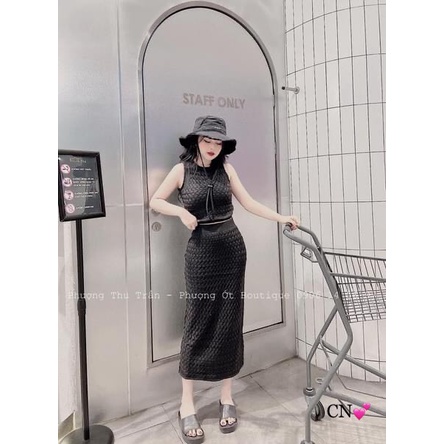 Set váy len midi sát nách thắt dây eo QC nhẹ nhàng