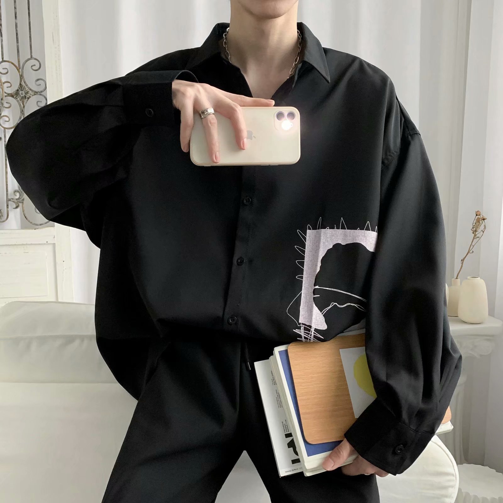Men's long-sleeved shirt with Korean fashion personality