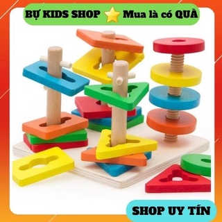 Thả hình khối 3D đế vuông 4 trụ, Đồ chơi gỗ thông minh, giúp bé tư duy thả khôi sao cho đúng, kích thước 24x12x18cm