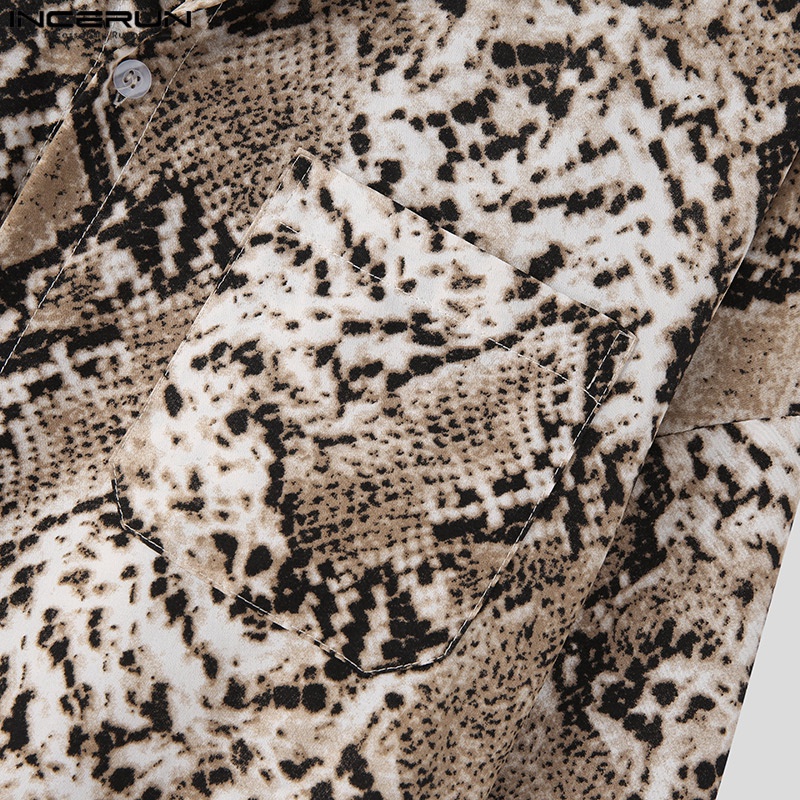 Áo sơ mi INCERUN cổ đứng tay 3/4 in họa tiết da rắn phối nút cá tính dành cho nam