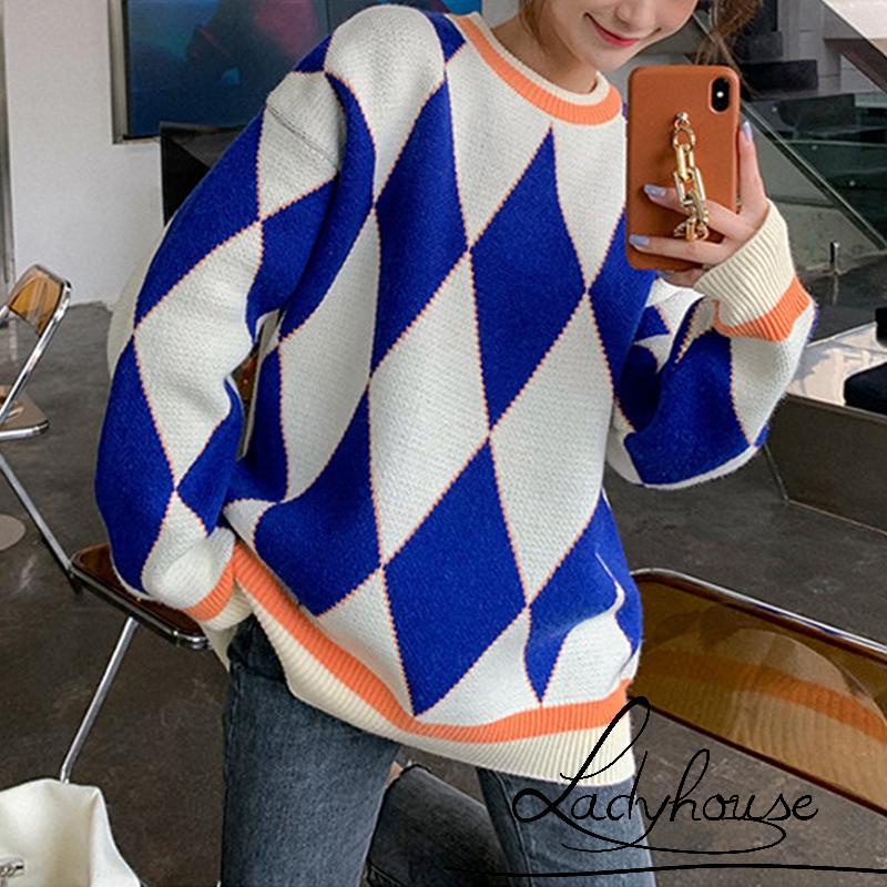 Áo Sweater Dệt Kim Cổ Tròn Tay Dài Dáng Rộng In Họa Tiết Hình Học Cho Nữ