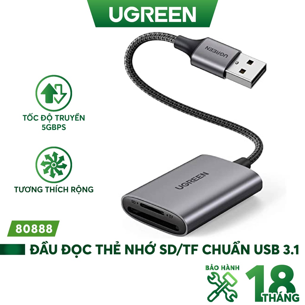 Đầu đọc thẻ SD/TF chuẩn USB 3.1 Type-C Ugreen 80888 vỏ nhôm cao cấp