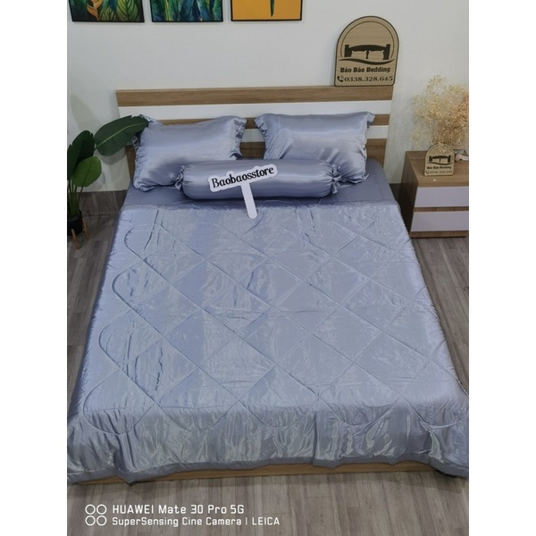 Bộ chăn ga và vỏ gối phi lụa cao cấp màu xám ánh xanh