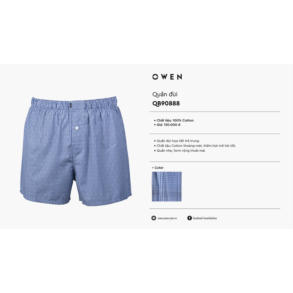 (SALE SỐC) Quần Lót Nam Owen QB90888 Kiểu dáng Quần Đùi Chất Liệu Cotton Màu Xanh Kẻ Sọc