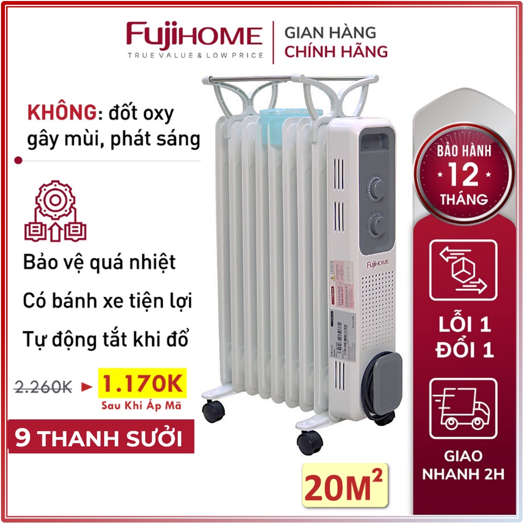 Máy sưởi dầu Nhập Khẩu Nhật Bản không khô da Fujihome 9 thanh, máy sưởi ấm điện tự ngắt không đốt oxi không gốm mini