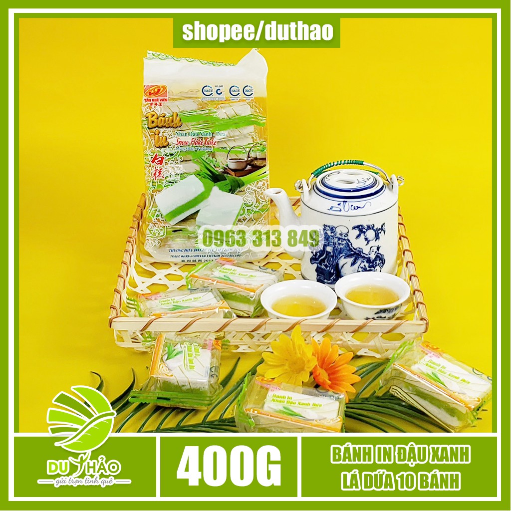 Bánh in đậu xanh lá dứa Tân Huê Viên 400g, bánh in Sóc Trăng túi 10 bánh bao bì riêng từng bánh