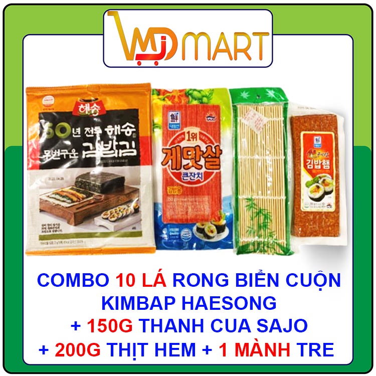 Combo làm kimbap chuẩn Hàn 10 lá rong biển cuộn kimbap + 150g thanh cua Sajo + 200g thịt hem + 1 mành tre