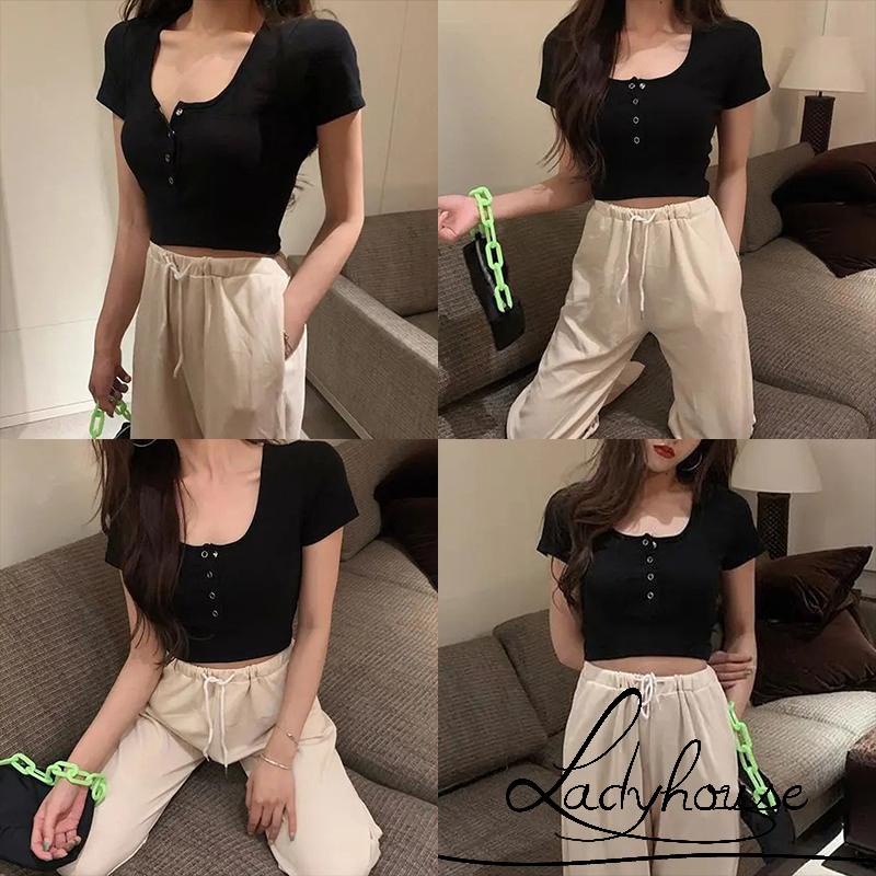 LD-Women Crop Tops Casual U Neck Short Sleeve Solid Color Snap Buttons Slim Short T-shirts Tees