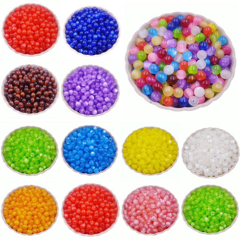 Bộ 20/40/50 hạt đá mắt mèo nhân tạo 6/8/10mm có lỗ sâu dùng để tự làm vòng cổ/vòng tay màu kẹo