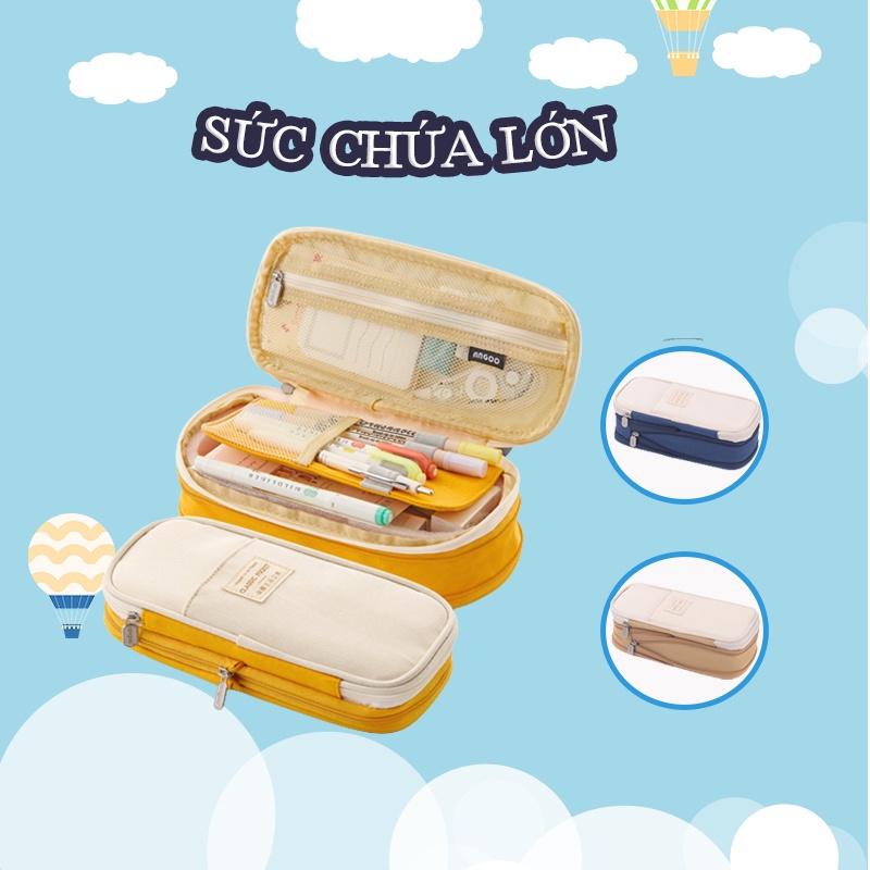 Hộp bút vải canvas ANGOO túi bút double pen case bóp viết nhiều ngăn đa năng nhiều màu dung tích lớn