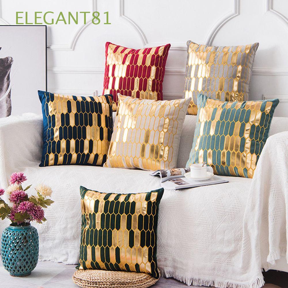Vỏ gối sofa vải nhung dày họa tiết hình học màu vàng đồng trang trí phong khách sang trọng nhiều màu tùy chọn