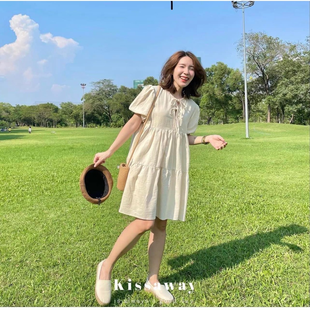 Váy babydoll nữ dáng ngắn xòe tầng tay bồng cổ nơ HV144, váy bánh bèo tiểu thư kiểu dáng hàn quốc | BigBuy360 - bigbuy360.vn