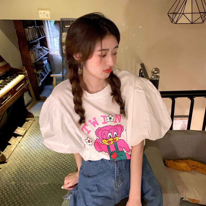 Áo thun tay ngắn phồng dáng rộng in họa tiết hoạt hình dễ thương phong cách retro thời trang mùa hè dành cho nữ