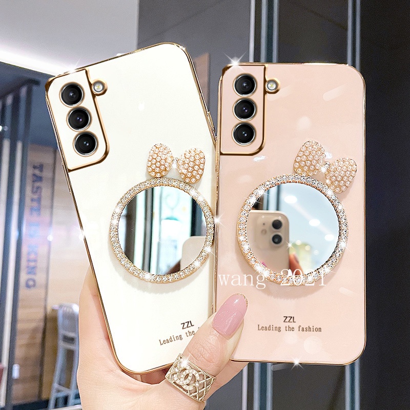 Ốp Điện Thoại Mềm Tráng Gương Đính Đá Hình Nơ Cho Samsung Galaxy S22 S21 FE 5G + Ultra