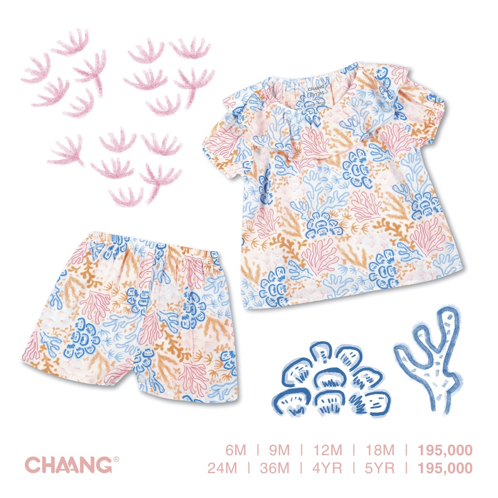 [CHAANG]Bộ quần áo cộc lanh cổ bèo bé gái Sea coral CHAANG