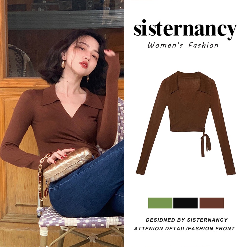 COZOK Áo Sweater cổ chữ V thắt eo phong cách retro thời trang