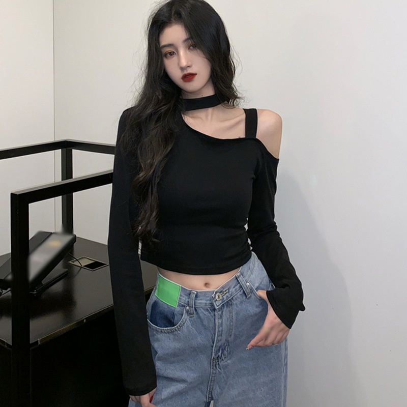 Áo Croptop Tay Dài Thiết Kế Lệch Vai Quyến Rũ Phong Cách Hàn Quốc